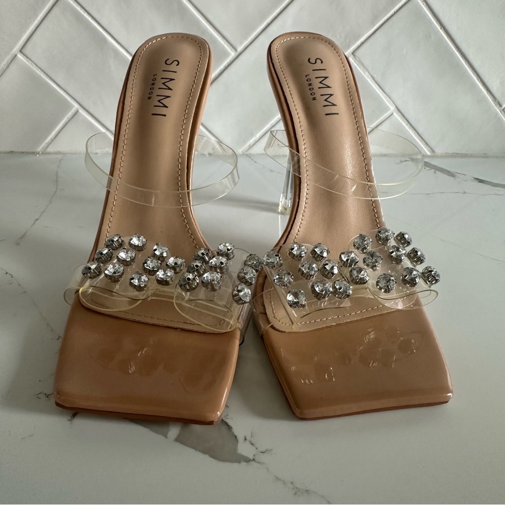 Tan Heels with Crystal Embellishments and Square Toe